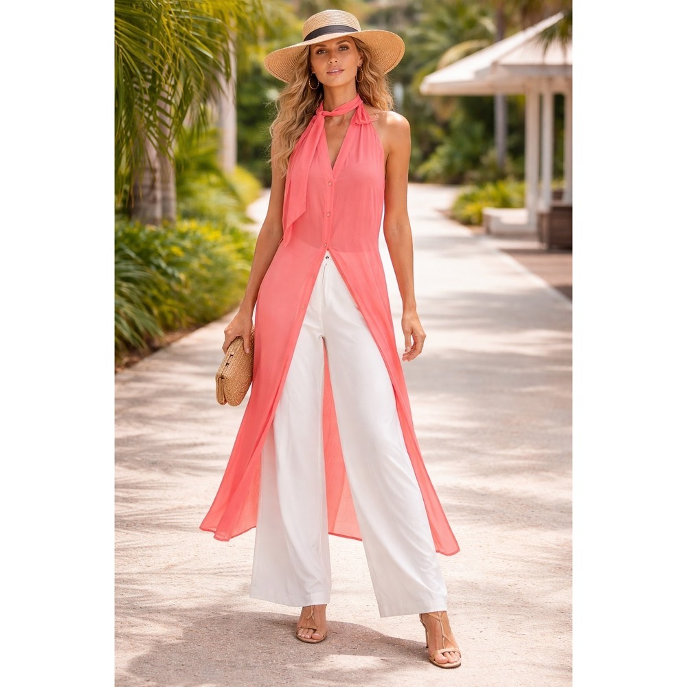 NY&C Chiffon Long Vest Neck Tie Side Slit Tunic Sleeveless Top Flowing Sz S